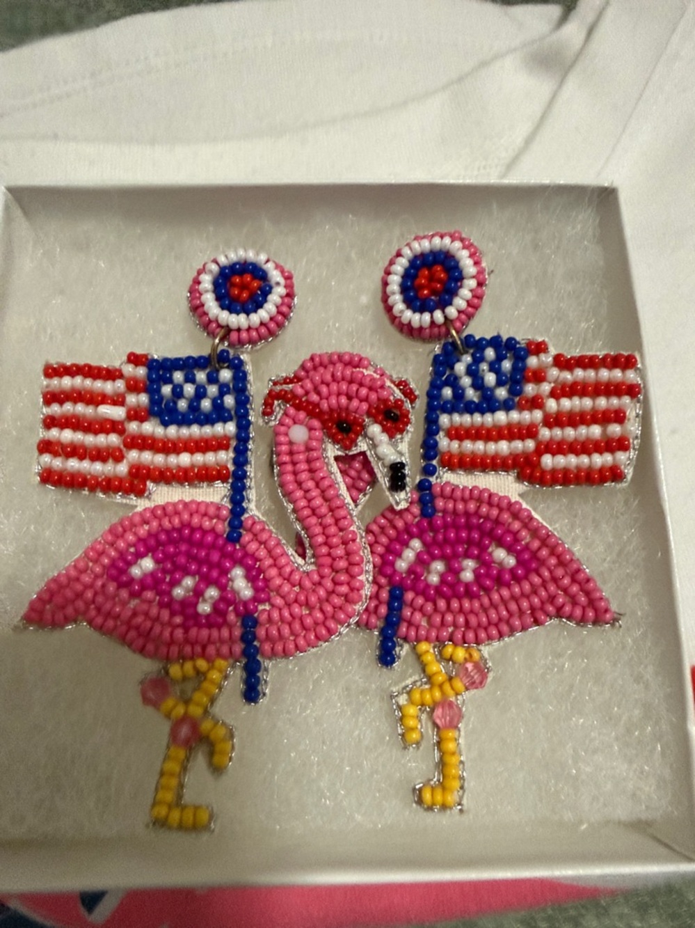 crown & ivy White Short Sleeve Tee w/Pink Flamingo & Flag & matching earrings - Picture 8 of 8